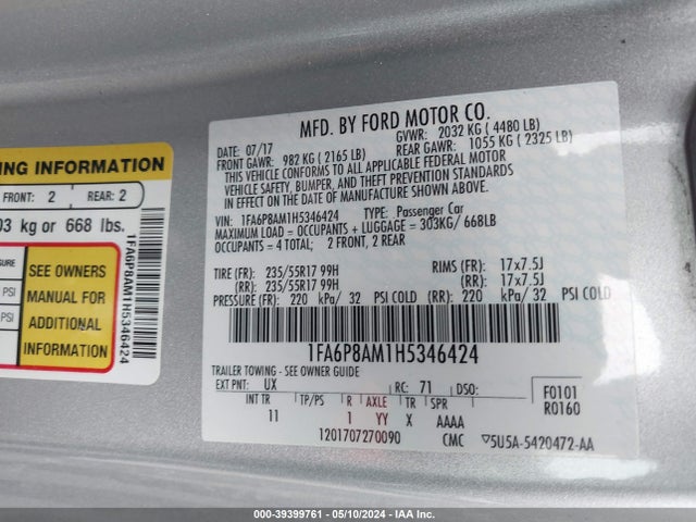 Ford Mustang V6 2017 1FA6P8AM1H5346424 Image 9