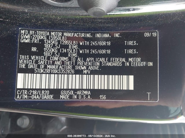 Toyota Highlander Xle 2019 5TDKZRFHXKS352826 Image 9