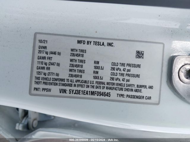 5YJ3E1EA1MF094645 Tesla Model 3 Standard Range Plus Rear-wheel Drive