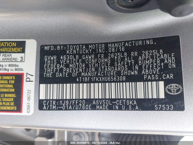 Toyota CAMRY SE 2017 4T1BF1FKXHU656308 Image 9