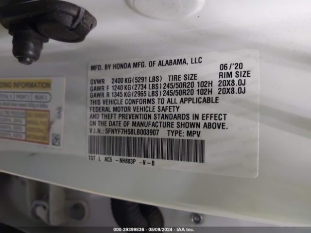 5FNYF7H58LB003907 Honda Passport 2wd Ex-l