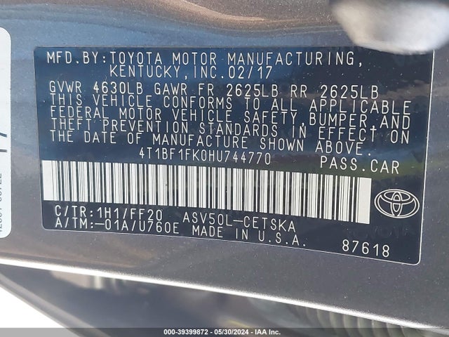 Toyota CAMRY SE 2017 4T1BF1FK0HU744770 Image 9