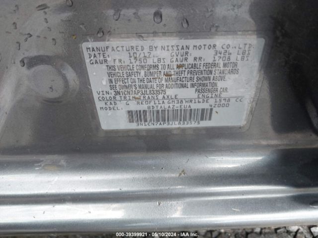 3N1CN7AP3JL833575 Nissan Versa 1.6 S+