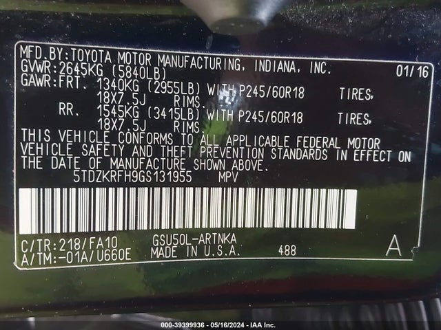 Toyota Highlander Le Plus V6 2016 5TDZKRFH9GS131955 Image 9