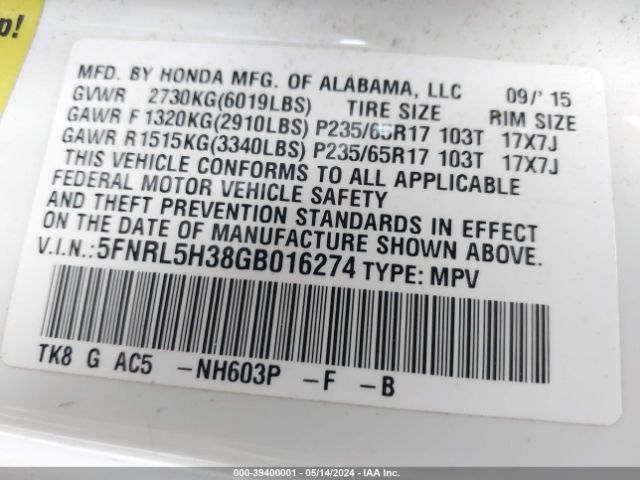 5FNRL5H38GB016274 Honda ODYSSEY SE
