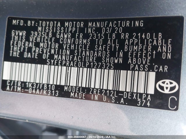 Toyota COROLLA LE 2020 5YFEPRAE0LP127325 Image 9
