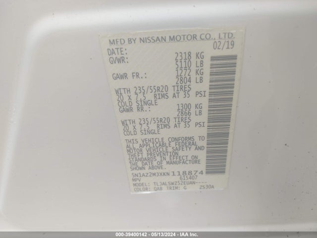 Nissan Murano Platinum 2019 5N1AZ2MJXKN118874 Image 9