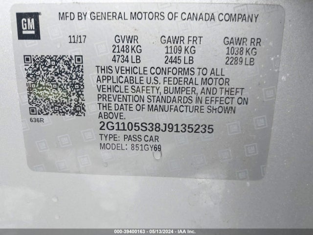 Chevrolet IMPALA 1LT 2018 2G1105S38J9135235 Image 9