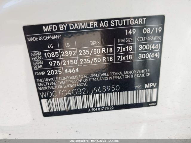 WDCTG4GB2LJ668950 Mercedes-Benz Gla 250 4matic