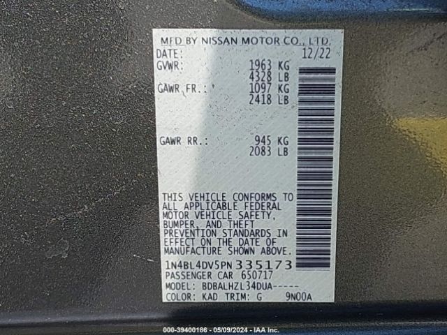 1N4BL4DV5PN335173 Nissan Altima Sv Fwd
