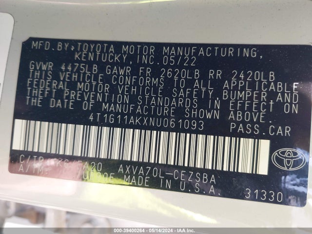 Toyota CAMRY SE 2022 4T1G11AKXNU061093 Image 9