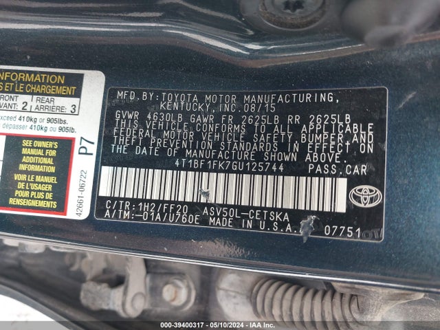 Toyota CAMRY SE 2016 4T1BF1FK7GU125744 Image 9