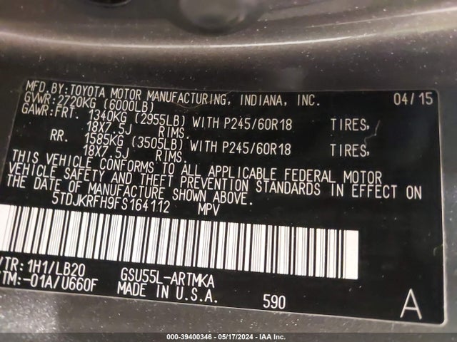Toyota Highlander Xle V6 2015 5TDJKRFH9FS164112 Image 9