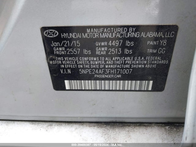 Hyundai SONATA SE 2015 5NPE24AF3FH171007 Image 9