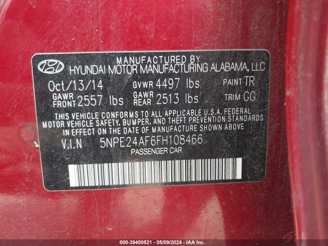 Hyundai SONATA SE 2015 5NPE24AF6FH108466 Image 9