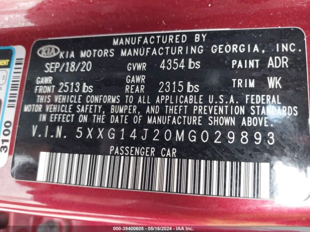 5XXG14J20MG029893 KIA K5 LXS