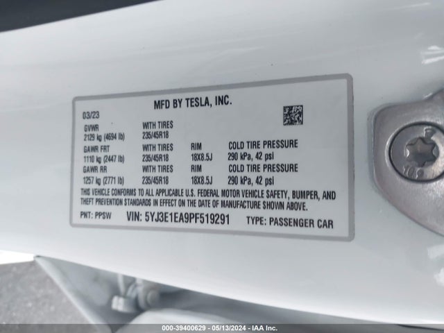 5YJ3E1EA9PF519291 Tesla Model 3 Rear-wheel Drive