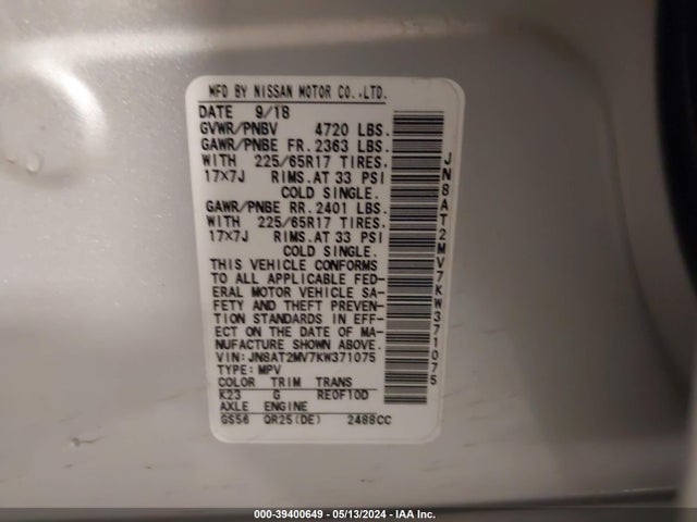 Nissan ROGUE SV 2019 JN8AT2MV7KW371075 Image 9