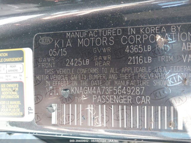 KIA Optima Lx 2015 KNAGM4A73F5649287 Image 9