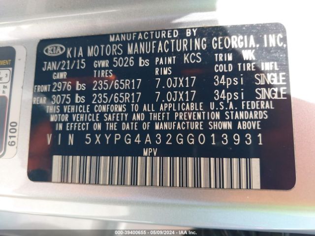 5XYPG4A32GG013931 KIA Sorento 2.4l Lx