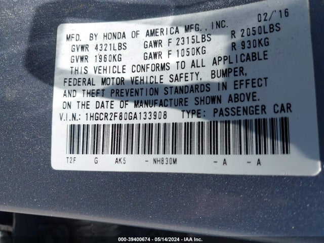 Honda Accord Ex-l 2016 1HGCR2F80GA133908 Image 9