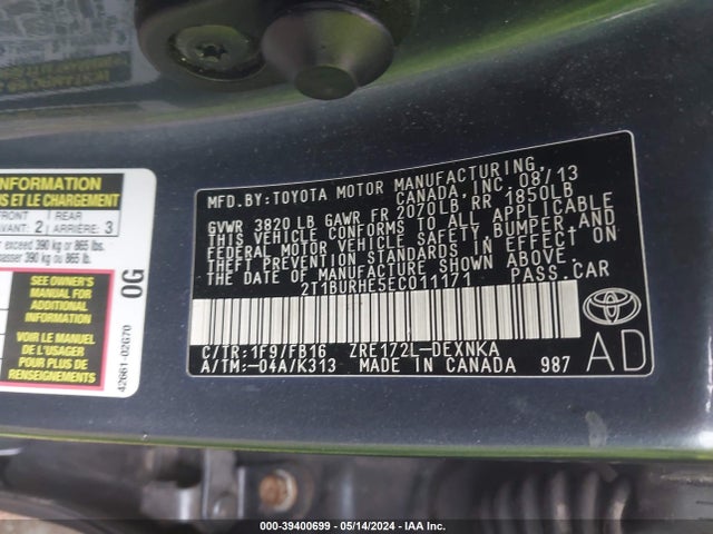 Toyota COROLLA LE 2014 2T1BURHE5EC011171 Image 9
