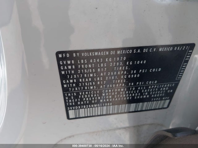 3VVDX7B25NM011988 Volkswagen Taos 1.5t S