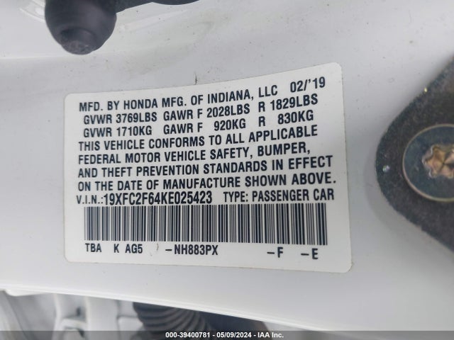 Honda Civic Lx 2019 19XFC2F64KE025423 Image 9