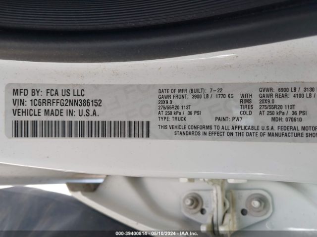 1C6RRFFG2NN386152 RAM 1500 Big Horn  4x4 5'7 Box
