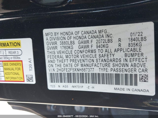Honda Civic Sport 2022 2HGFE2F5XNH567377 Image 9