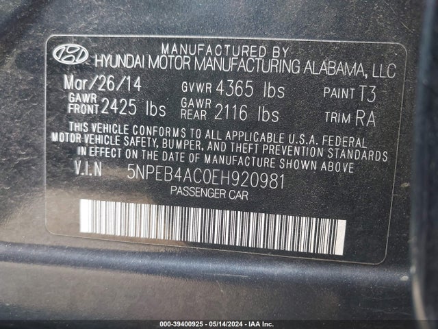 Hyundai SONATA GLS 2014 5NPEB4AC0EH920981 Image 9