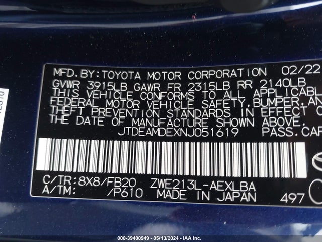 Toyota Corolla Hybrid Le 2022 JTDEAMDEXNJ051619 Image 9