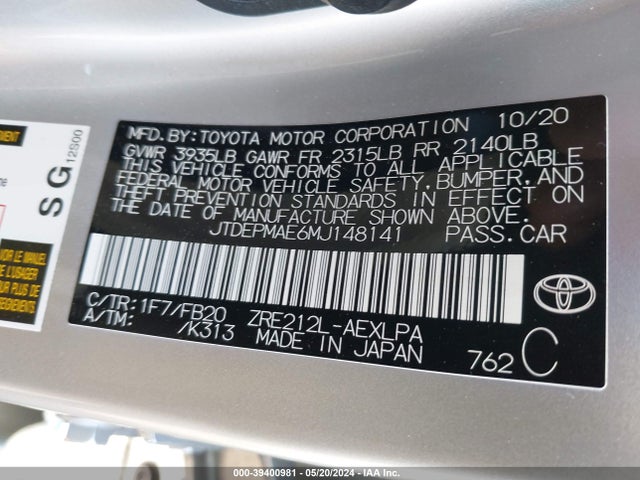 Toyota COROLLA LE 2021 JTDEPMAE6MJ148141 Image 9