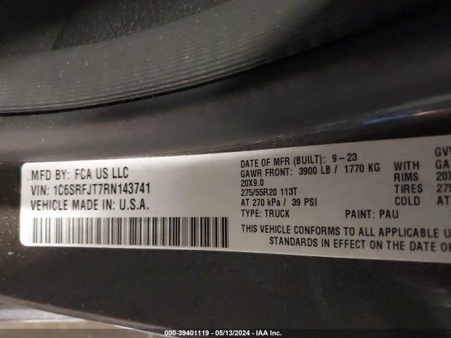 1C6SRFJT7RN143741 RAM 1500 Laramie  4x4 5'7 Box