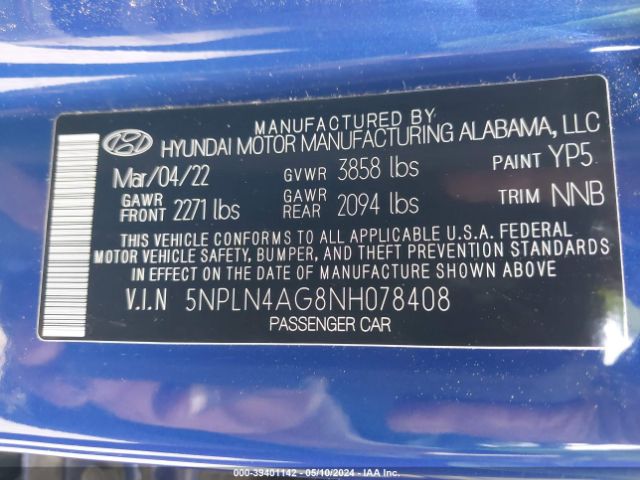 5NPLN4AG8NH078408 Hyundai ELANTRA SEL