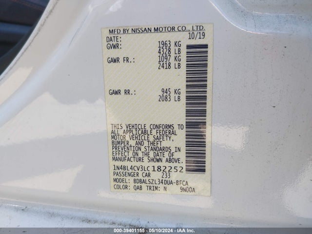 Nissan Altima Sr Fwd 2020 1N4BL4CV3LC182252 Image 9