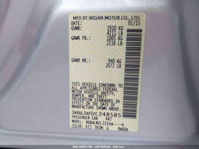 Nissan Altima 2.5 Sv 2015 1N4AL3AP1FC248585 Image 9