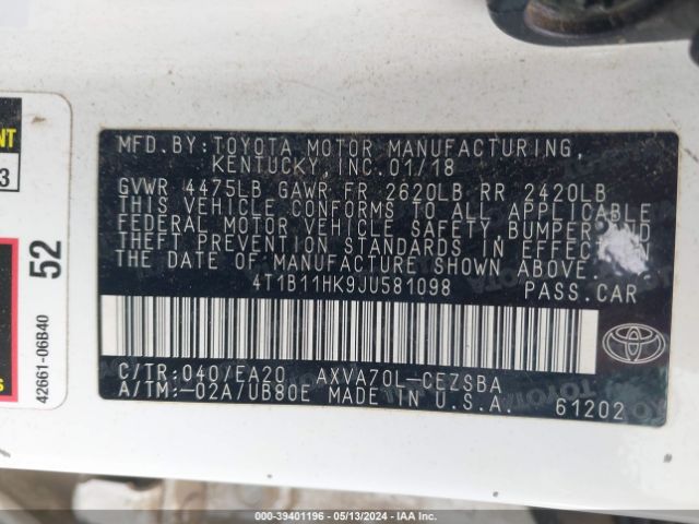 4T1B11HK9JU581098 Toyota CAMRY SE