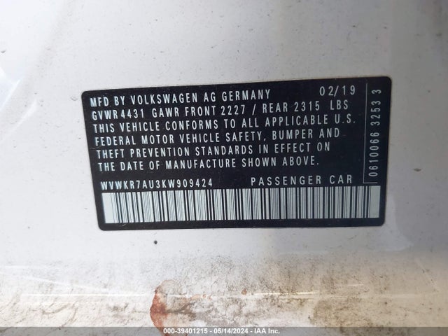 WVWKR7AU3KW909424 Volkswagen E-golf Se