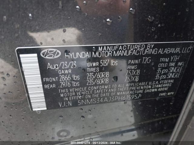 5NMS34AJ3PH615957 Hyundai Santa Fe Sel