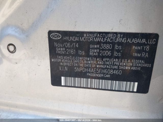 5NPDH4AE5FH608460 Hyundai ELANTRA SE