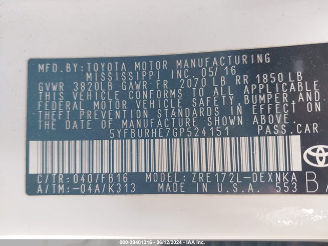 Toyota COROLLA LE 2016 5YFBURHE7GP524151 Image 9