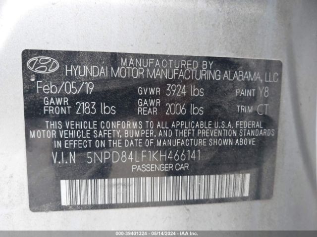 5NPD84LF1KH466141 Hyundai ELANTRA SEL