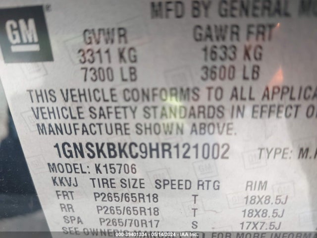 Chevrolet Tahoe Lt 2017 1GNSKBKC9HR121002 Image 18