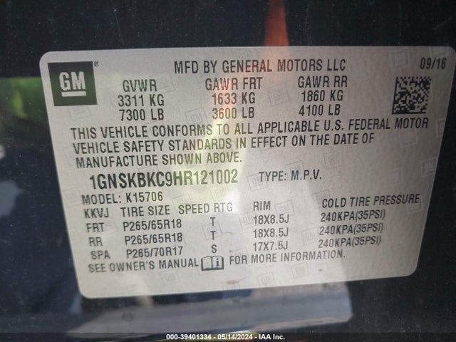 Chevrolet Tahoe Lt 2017 1GNSKBKC9HR121002 Image 9