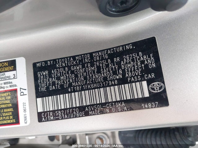 Toyota CAMRY SE 2017 4T1BF1FK6HU317948 Image 9