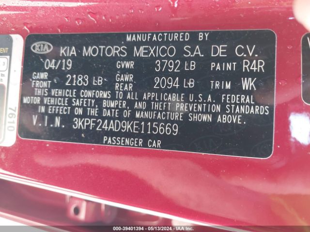 3KPF24AD9KE115669 KIA Forte Lxs