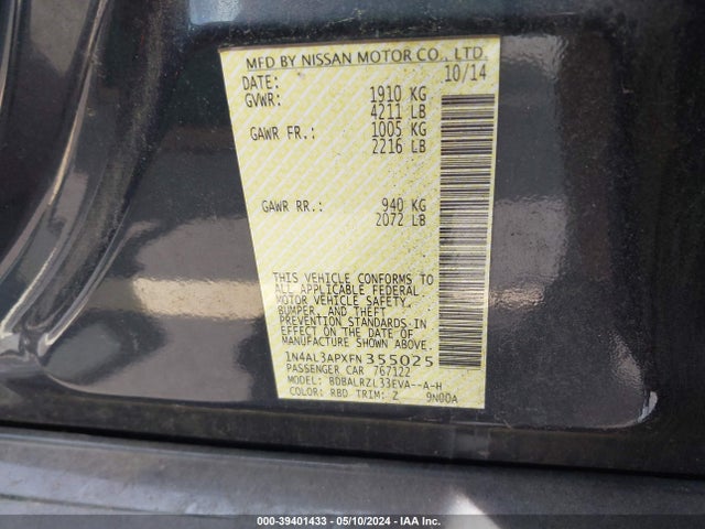 Nissan Altima 2.5 Sl 2015 1N4AL3APXFN355025 Image 9