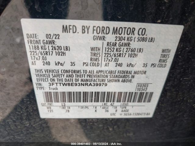 3FTTW8E93NRA39979 Ford Maverick Xlt