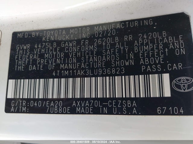 Toyota CAMRY SE 2020 4T1M11AK3LU936823 Image 9